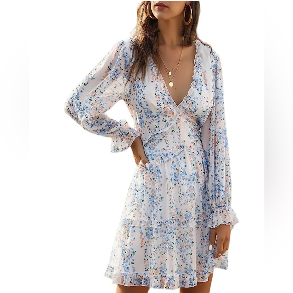 Small Sexyshine Women‘s Deep V Neck Ruffle Floral Print Open Back Mini Dress - Picture 5 of 11